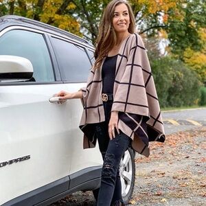 MOSS ROSE Reversible Plaid Ruana Wrap Shawl Scarf Coat Black Khaki NWT